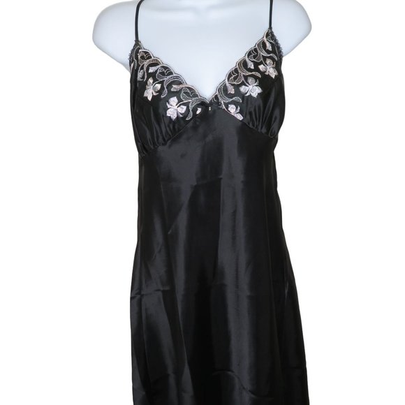 Vintage Shirley of Hollywood Knee Length Satin Slip Nightgown L Black Embroidery - Picture 7 of 12